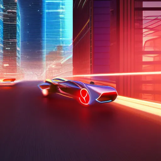 Image similar to digital art of a futuristic neon city sharp photorealistic octane render, bokeh in the background only, a in focus sharp flying car hover in the foreground