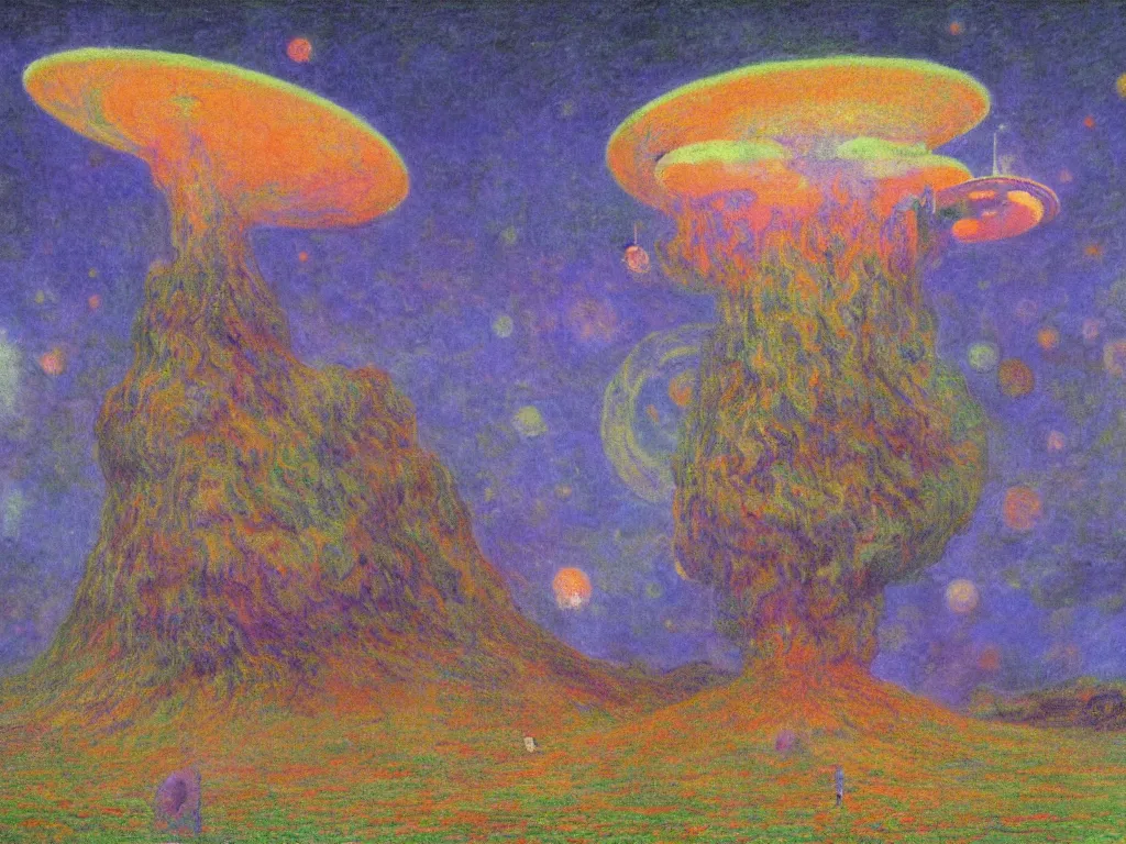 Image similar to study of the psychedelics dream bot mothership over the sublime sacred rock. painting by monet, bosch, wayne barlowe, agnes pelton, rene magritte