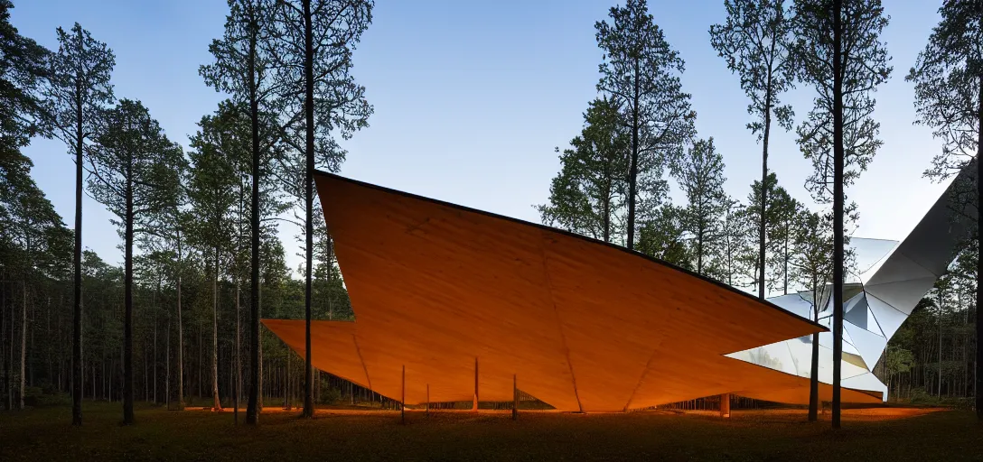 Image similar to faceted roof planes lift and descend creating shade and architectural expression, highly detailed, situated in the forest, next to a highly reflective lake, at dusk, vivid color