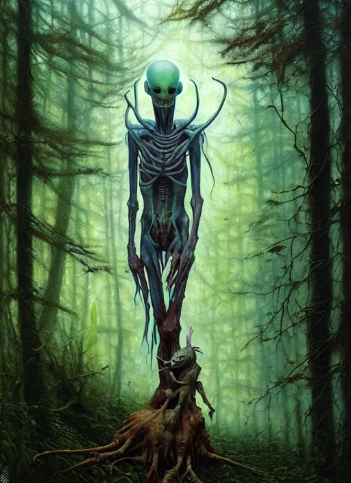 Image similar to hyper realistic spooky alien in the woods in a river gorgeous lighting, lush forest foliage blue sky a hyper realistic painting by chiara bautista and beksinski and norman rockwell and greg rutkowski, tom bagshaw weta studio, and lucasfilm