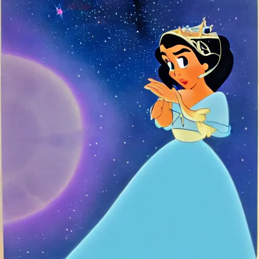 Prompt: disney film cel ( 1 9 5 9 ), hispanic princess looking up dreamily at the stars, glen keane, colorful