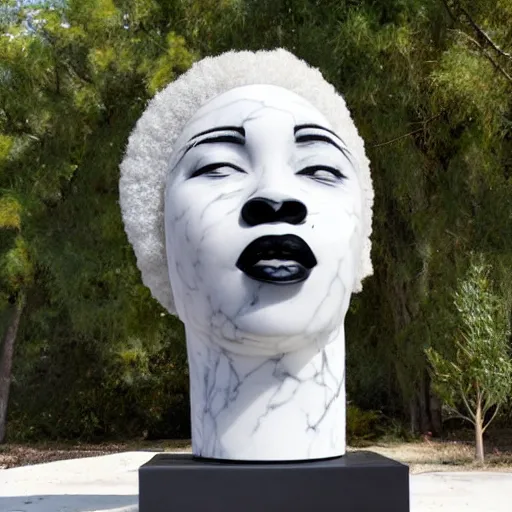 Prompt: a photorealistic all white marble sculpture of a black girl with a white afro crying