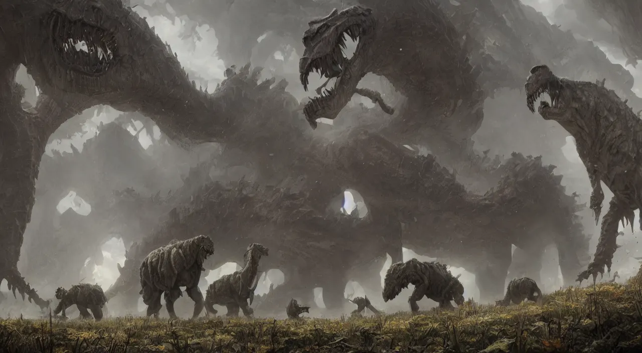 Image similar to indistinct glowing prehistoric beasts surrounded by slate grey walls, insane details, dramatic lighting, unreal engine 5, concept art, greg rutkowski, james gurney, johannes voss, hasui kawase.