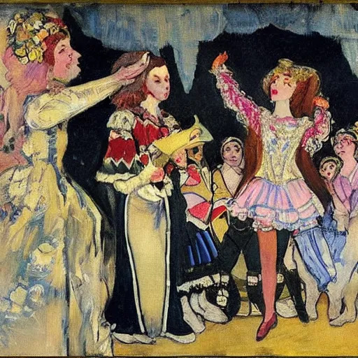 Prompt: by valentin serov atmospheric. a collage of a pantomime unicorn onstage, surrounded by a group of children who are clapping & cheering. the unicorn is wearing a sparkly costume & has a long, flowing mane. its horn is glittering & its eyes are wide open.