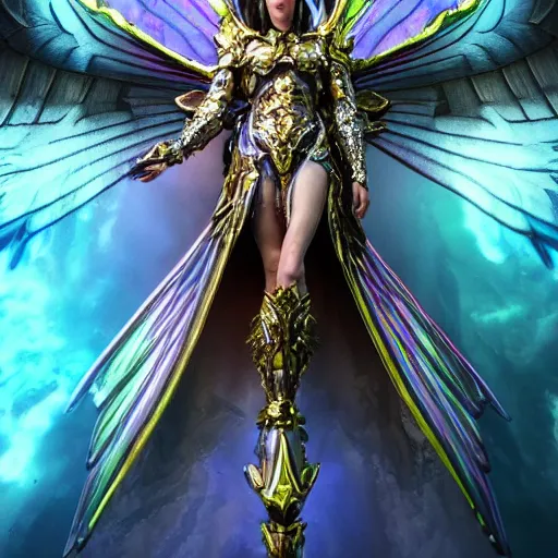 Prompt: a photo of 8k hyper realistic, octane render archangel with white iridescent wings, full body, intricate purple and yellow neon armor, ornate, standing on front of huge megastructure red doors of heaven, with sword of fire, magical atmosphere, cinematic lighting, trending on artstation, 4k, hyperrealistic, focused, high details, unreal engine 5