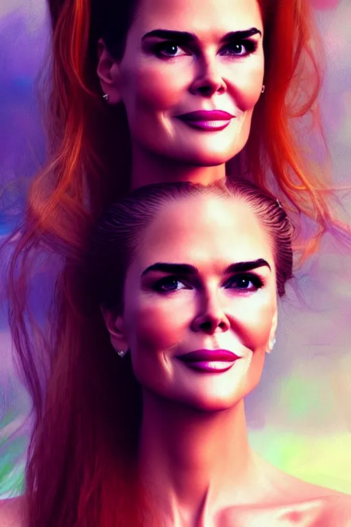 Image similar to portrait of a mix of beautiful young maria shriver, mariel hemmingway, brooke shields, nicole kidman and elle macpherson as a mermaid, thin lips, hair tied up in a pony tail, colorful artstation, cgsociety