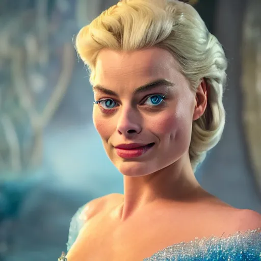 Image similar to Margot Robbie as Elsa in disney frozen live action, 8k full HD photo, cinematic lighting, anatomically correct, oscar award winning, action filled, correct eye placement,