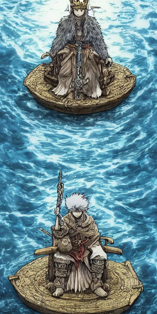 Prompt: a single highly detailed lone king sitting on a throne floating on water in the middle of a lake drawn by Makoto Yukimura in the style of Vinland saga anime, full color, detailed,