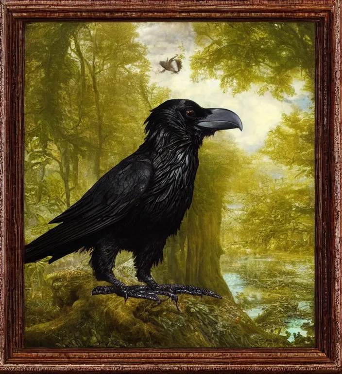 Image similar to a breathtakingly stunningly pre raphaelite beautifully highly detailed extreme close up animal portrait of a majestic raven, in an forest smokey water reflections, framed, by rosetti and devinci and michael cheval and sidney cooper and turner, 4 k