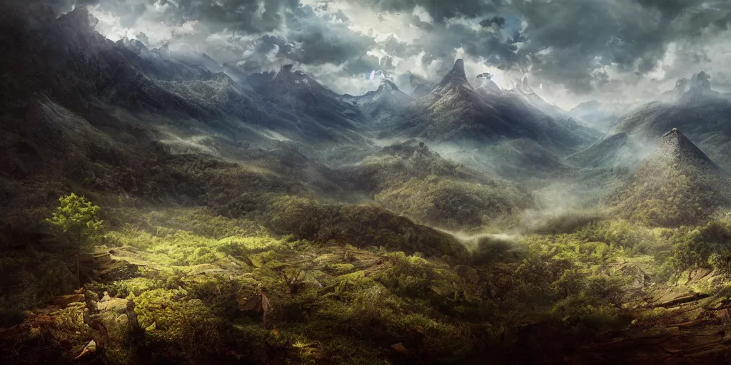 Image similar to appalachian mountain landscape, matte painting by andreas franke