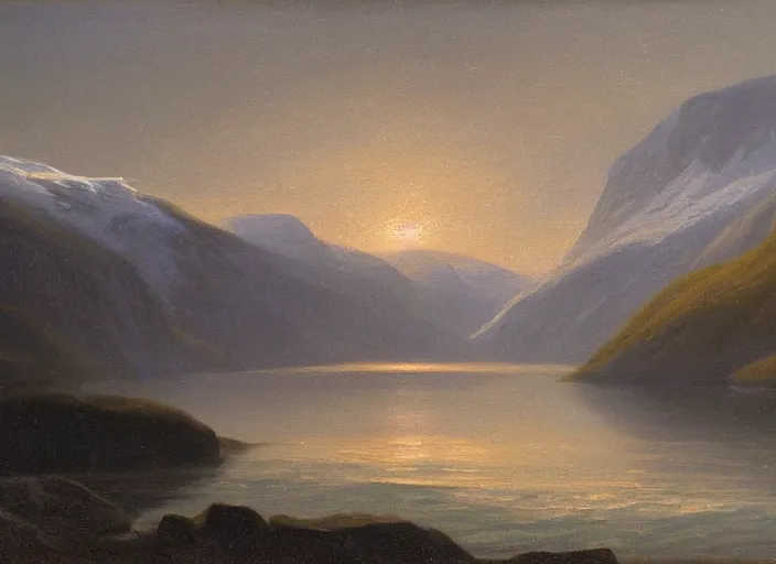 Image similar to norwegian fjords in winter in the style of hudson river school of art, oil on canvas