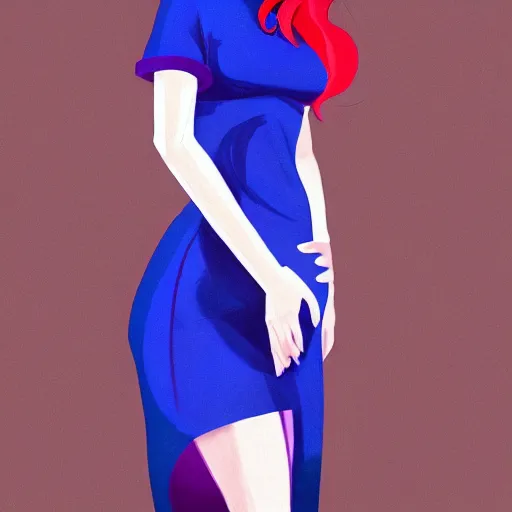 Prompt: a woman wearing a purple and blue dress, full body shot, red hair, highly detailed, digital painting, artstation, concept art, smooth, sharp focus, illustration