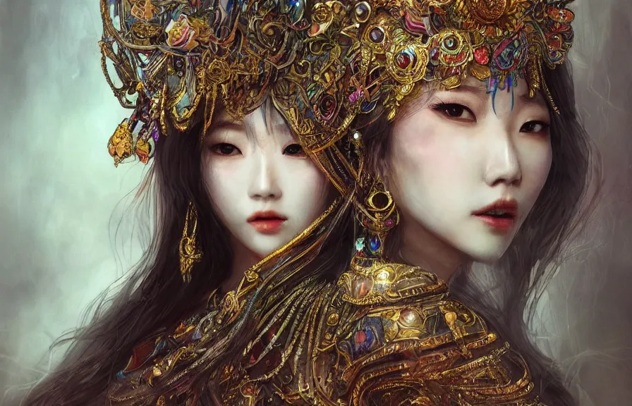 Prompt: an concept art of the korean queen, long hair, makeup, intricate details, detailed face, detailed dress, one face, artstation, epic pose, colourful light, by rembrandt