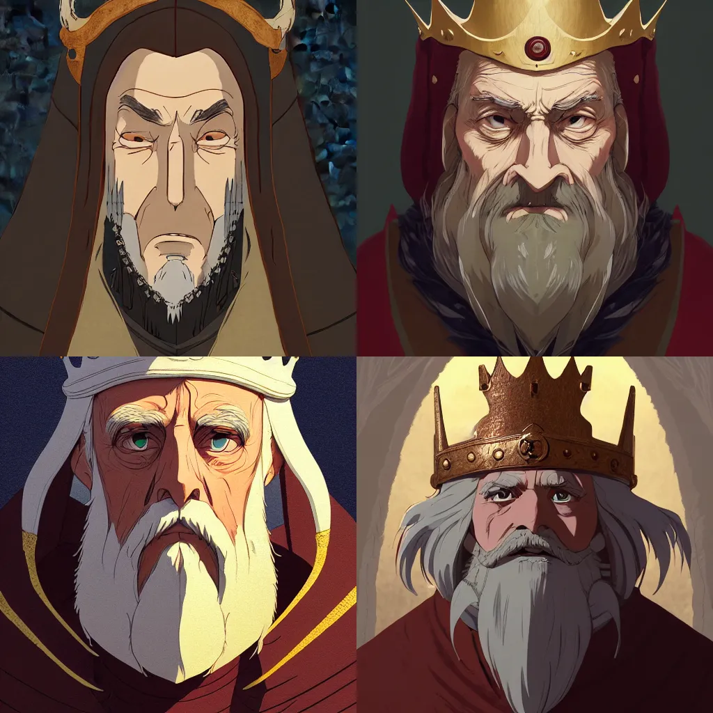 Image similar to portrait of a medieval old king, artstation, cartoon, elegant, highly detailed, digital painting, concept art, smooth, sharp focus, illustration, art by studio ghibli, makoto shinkai, don bluth, fujita goro, jean giraud, atey ghailan, akihiko yoshida, tom whalen, anton fadeev 8 k