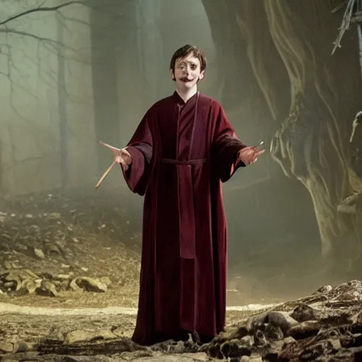 Prompt: Elijah Wood as Harry Potter casting a spell, wizard, robe, wand