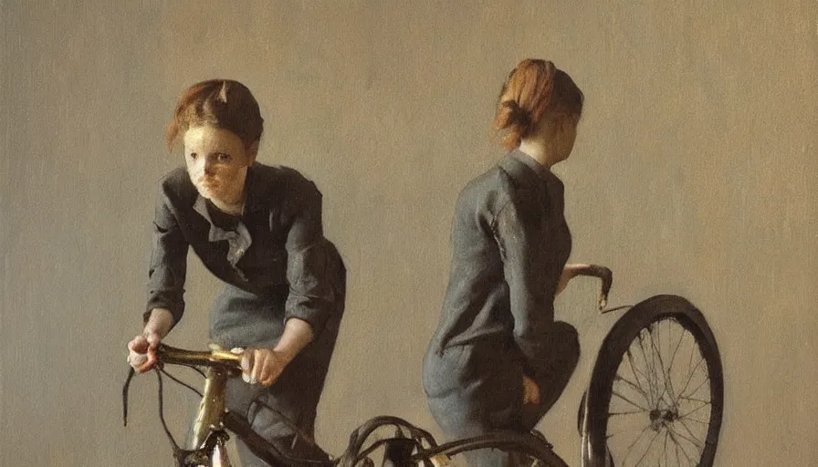 Image similar to painting by borremans, young woman riding a bike, detailed, stunning