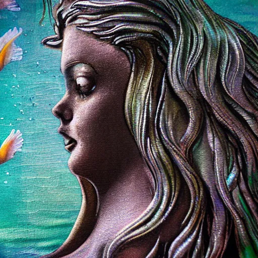 Image similar to mermaid in tears, looking at the aquarium, back side photography, closeup