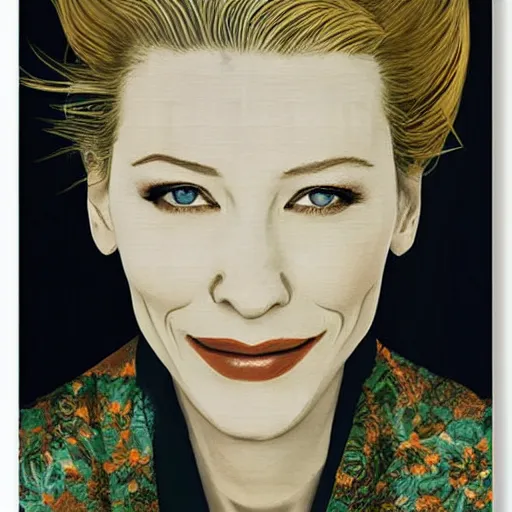 Image similar to portrait of cate blanchett ,japanese wood print