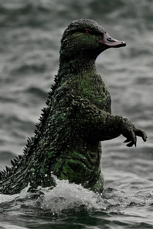 Prompt: godzilla as a mallard duck, rising from ocean, dark and ominous