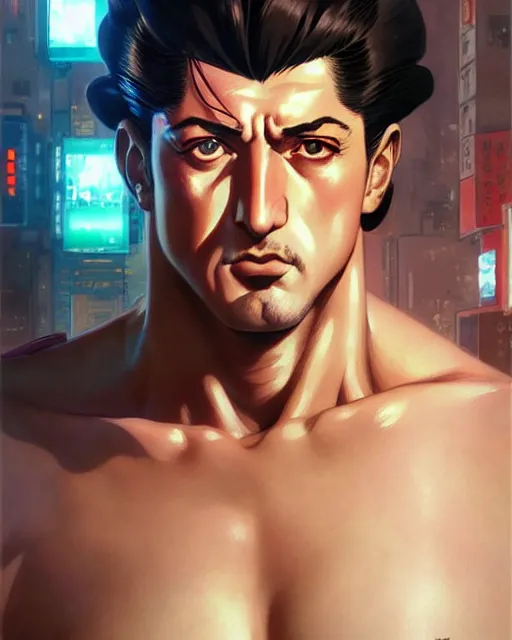 Image similar to portrait Anime 1940s Stallone Sharp fine face, pretty face, realistic shaded Perfect face, fine details. Anime. cyberpunk realistic shaded lighting by katsuhiro otomo ghost-in-the-shell, magali villeneuve, artgerm, rutkowski Jeremy Lipkin and Giuseppe Dangelico Pino and Michael Garmash and Rob Rey