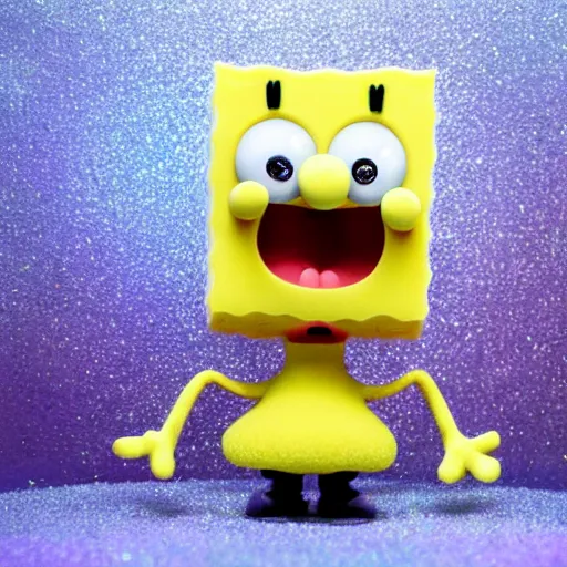 Image similar to Sponge Bob with silver-violet hair, white eyes and golden glittery dress, wide lens, diorama, 4k,