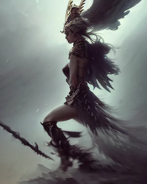 Image similar to a fantasy valkyrie, stunning armor, highly detailed full body, epic composition, dynamic pose, concept art, dramatic cinematic lighting, digital painting, smooth, desaturated color, sharp focus, post processing, artstation, by ruan jia, tooth wu, wlop, james jean, ryohei hase, karl spitzweg, rutkowsky