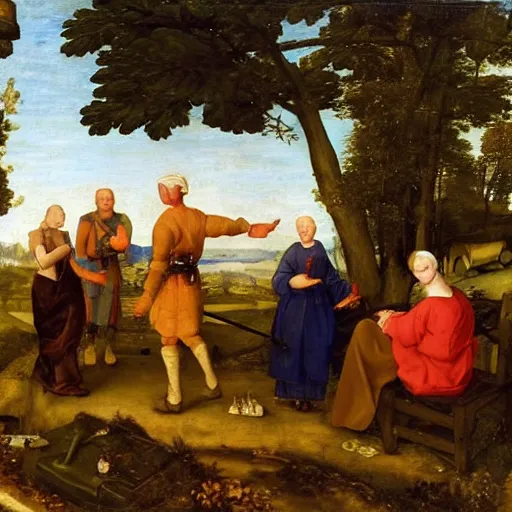 Prompt: feudal serfs sorting through recycling, pastoral scene, renaissance oil painting old master