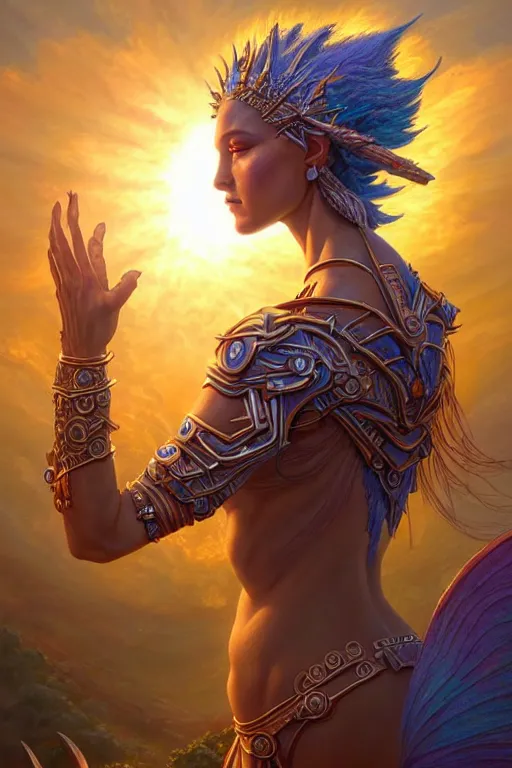 Prompt: a humanoid female god of the sun, highly detailed, d & d, fantasy, hyper detailed, digital painting, trending on artstation, apollo, concept art, sharp focus, illustration, highly saturated colors, art by artgerm and magali villeneuve and greg rutkowski and michael whelan, cryengine, 8 k realistic atmospheric lighting, frostbite 3 engine