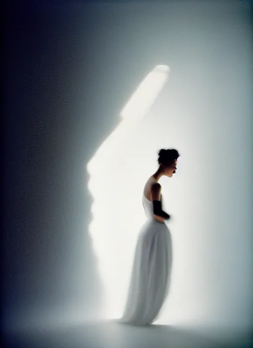 Image similar to kodak portra 4 0 0 photo portrait of a beautiful woman in style of paolo roversi antoine d'agata, lightpainting motion blur, dress in white, elegant, soft coloured gel lighting black background, highly detailed, sharp focus, ethereal, out worldly colours, emotionally evoking, head in focus, soft blur coloured gel light dreamy, volumetric lighting