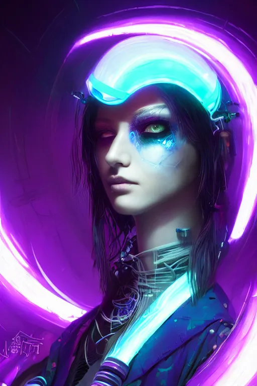 Prompt: portrait futuristic nefarious cyberpunk young female necromancer, in futuristic moonlight starlight tokyo rooftop cyberpunk night, ssci-fi, fantasy, intricate, very very beautiful, elegant, neon light, highly detailed, digital painting, artstation, concept art, soft light, hdri, smooth, sharp focus, illustration, art by tian zi and craig mullins and WLOP and alphonse mucha