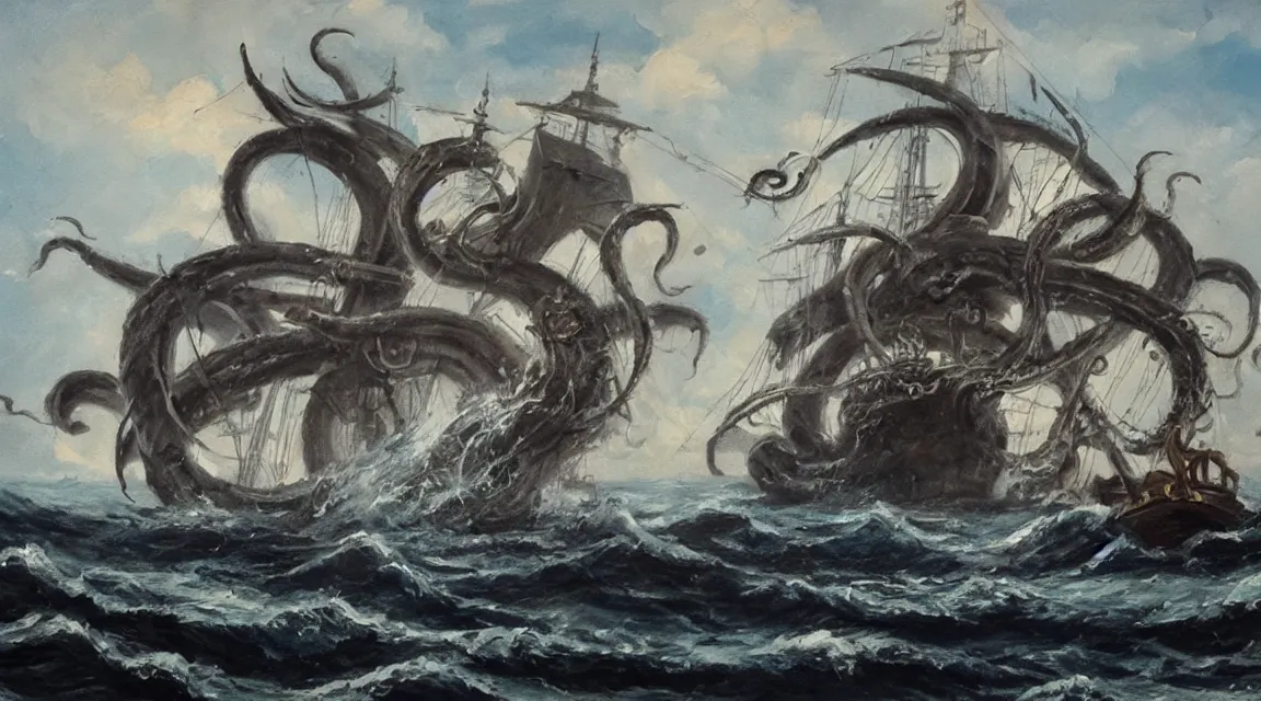 Image similar to oil painting of a kraken attacking a pirate ship