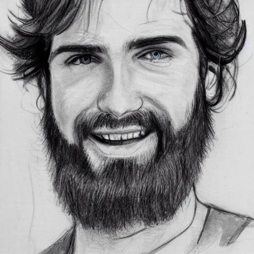 Image similar to sketch of a caucasian face, medium long brown hair, bad skin, short beard, skinny, blue eyes, smiling,