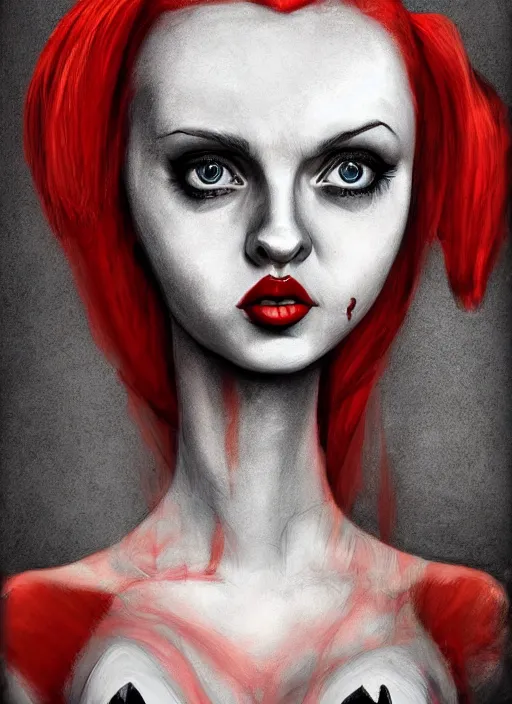 Prompt: surrealism grunge cartoon portrait sketch of lily cole as harley quinn, by michael karcz, loony toons style, freddy krueger style, horror theme, detailed, elegant, intricate