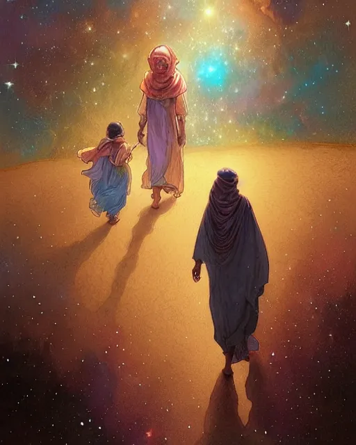 Image similar to bedouin man and woman and child in galaxy walking towards mosque surrounded by nebula, highly detailed, gold filigree, romantic storybook fantasy, soft cinematic lighting, award, disney concept art watercolor illustration by mandy jurgens and alphonse mucha and alena aenami, pastel color palette, featured on artstation