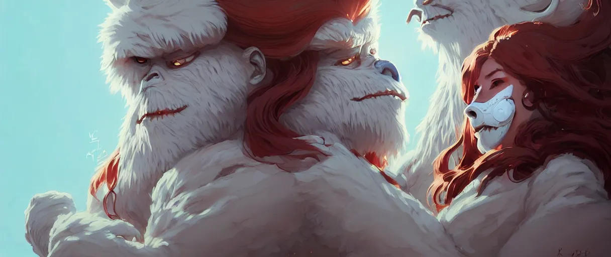 Image similar to beautiful artistic - wave highly detailed portrait female yeti and bigfoot, with kitsune mask, long red hair, by atey ghailan, by greg rutkowski, by greg tocchini, by james gilleard, by joe fenton, by kaethe butcher, dynamic lighting, gradient light blue, brown, blonde cream and white color scheme, grunge aesthetic