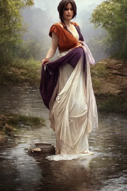 Prompt: rural pregnant woman doing laundry on river, portrait, elegant, intricate, digital painting, artstation, concept art, smooth, sharp focus, illustration, art by artgerm and greg rutkowski and alphonse mucha