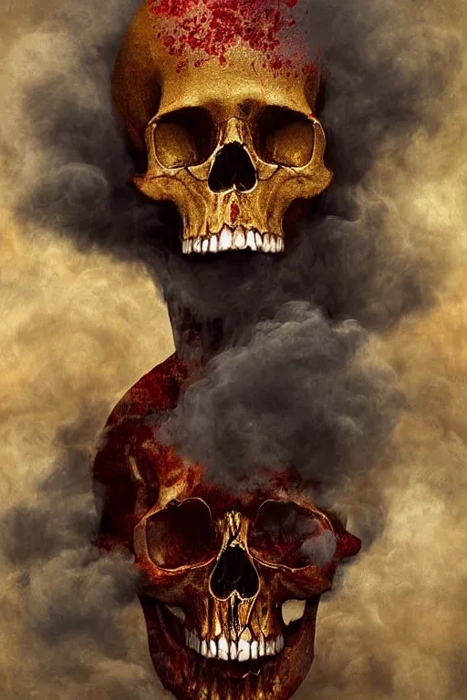 Image similar to immaculate painting of A Beautiful fine detailed gold and red and black huge skull floating in smoke over desolated wastelands, an iIlusion by erik johansson micro detailing