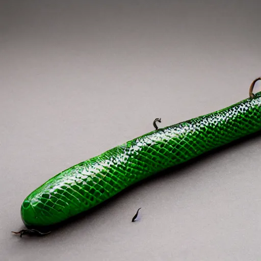 Image similar to long green Sausage with snake head eyes and fangs and with scales