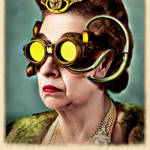 Prompt: the queen wearing big steampunk googles, colored photo by gustave baumann