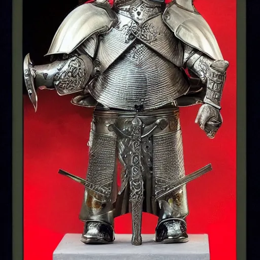 Image similar to donald trump wearing knights armor, holding one broadsword, by hans holdein, donald trumps highly detailed handsome face, two arms, two legs