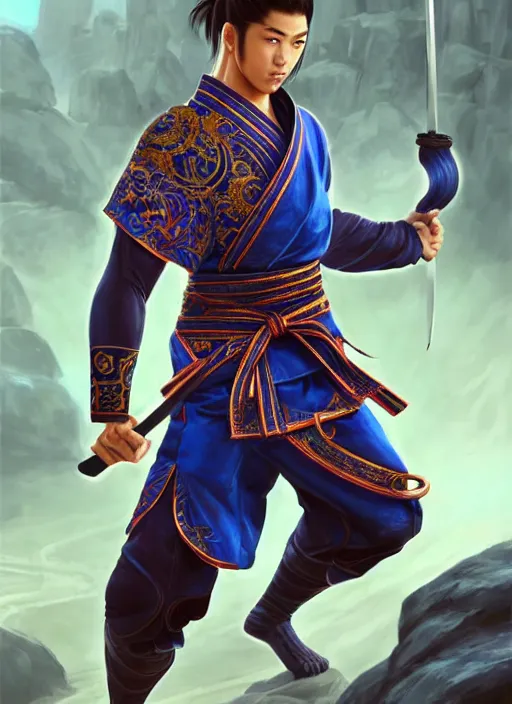 Prompt: male martial artist with a high ponytail, holding a sabre!!! asian facial features and blue eyes!! intricate ornate blue robes!! character concept art, sharp focus, octane render! unreal engine 5! highly rendered!! trending on artstation!! detailed linework!! illustration by artgerm, wlop, and chie yoshii