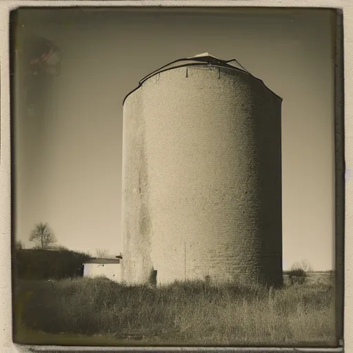 Prompt: tintype of ancient grain silo, contre - jour, january