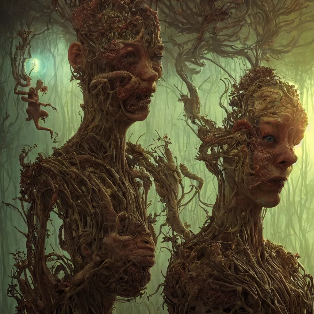 Image similar to extremely detailed cinematic movie still portrait of glowing fairies eat magic mashrooms hyperreal skin face by denis villeneuve, wayne barlowe, simon birch, marc simonetti, philippe druillet, beeple, alex grey bright volumetric sunlight, rich moody colors, closeup, bokeh