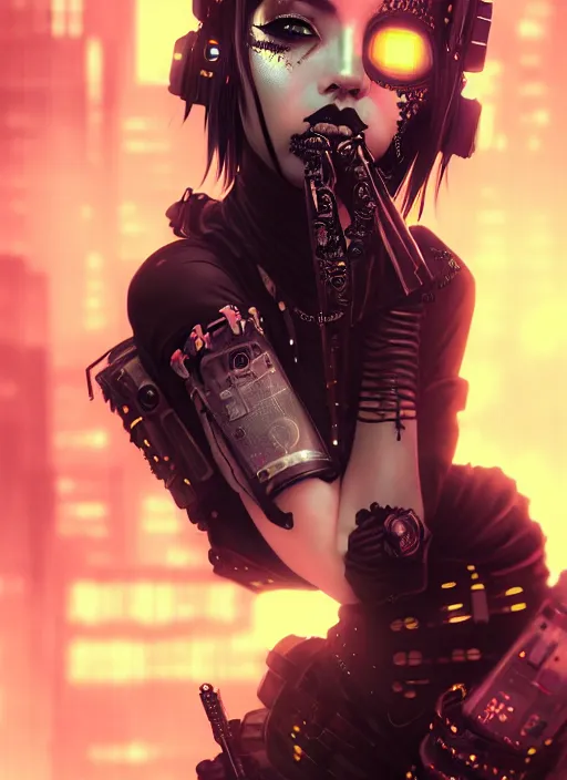 Image similar to soft seductive ebony geisha raver gutter punk gothic cyborg, golden ratio, details, scifi, fantasy, cyberpunk city, intricate, decadent, highly detailed, octane render, digital painting, artstation, concept art, sharp focus, illustration, art by artgerm, loish, wlop