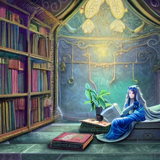 Image similar to a highly detailed fantasy pastel painting of a young wizard in ornate clothing lounging on a purpur pillow on the marble floor in front of her bookcase, studying an ancient tome. to the side is a potted plant and some blue candles. ancient oriental retrofuturistic setting. 4 k key art in the style yoshitaka amano