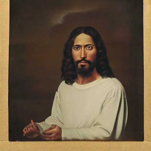 Prompt: studio photo of jesus in a chinese sweat shop, studio portrait