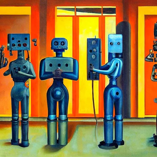 Image similar to drab slave human workers building robots, watched by fascist robots, brutalist factory, dystopian, pj crook, edward hopper, oil on canvas