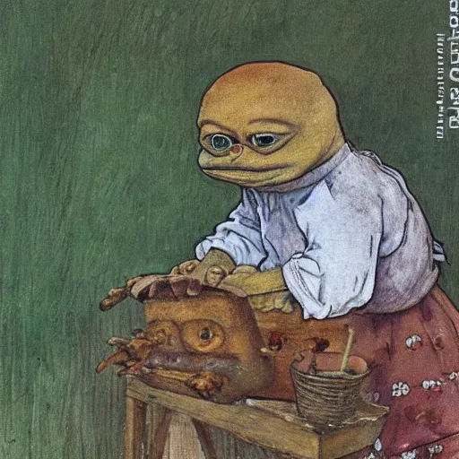 Image similar to pepe the frog in the village, uncropped, painted by carl larsson