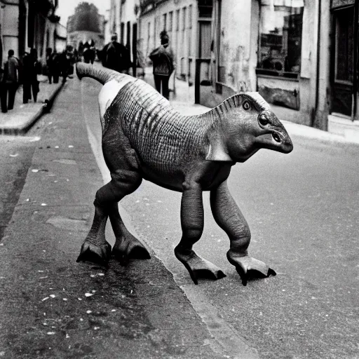 Prompt: french parasaurolophus walking in the streets of paris, 3 5 mm, 1 9 5 4, low angl