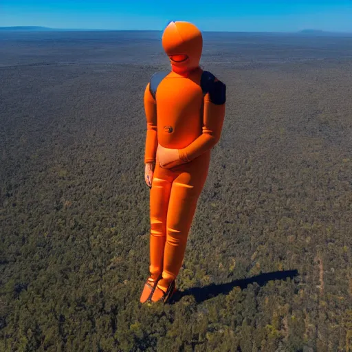 Image similar to photo of a giant orange colored glowing humanoid of one thousand feet of height